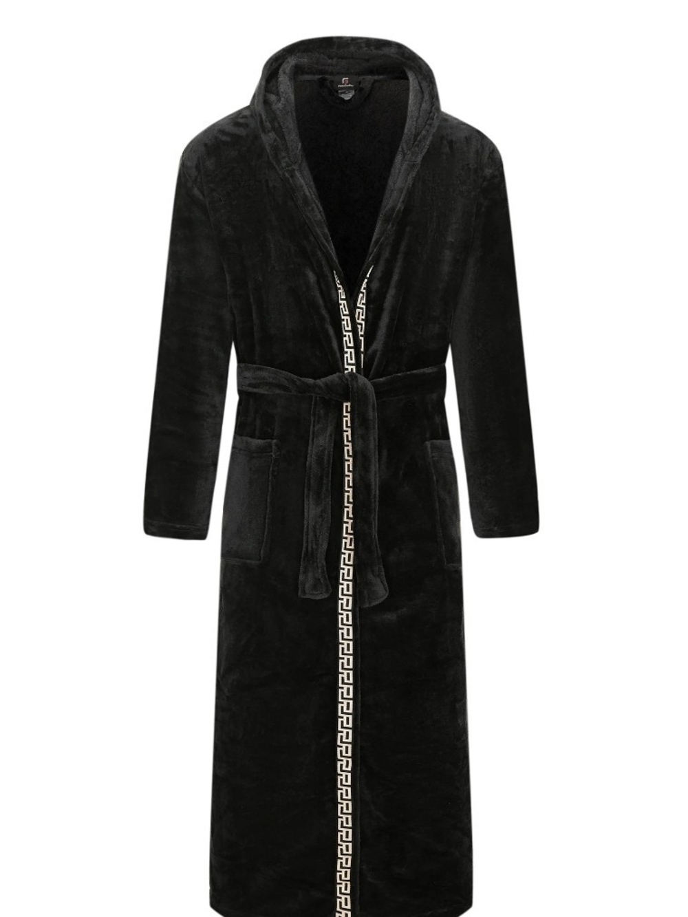 Source Unknown Black Plush Hooded Trench Coat with Geometric Trim